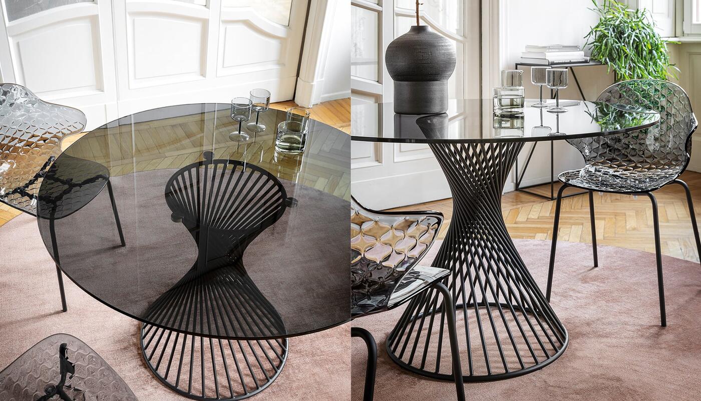 Vortex: Round Dining Table with Helical Metal Base | Calligaris